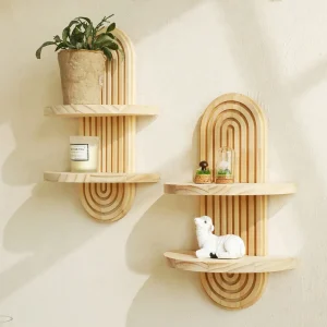 Boho Style Wooden Wall Mounted Shelves Plant Decorative Shelves Geometric Wall  Natural Finish Modern Home Decor ﻿